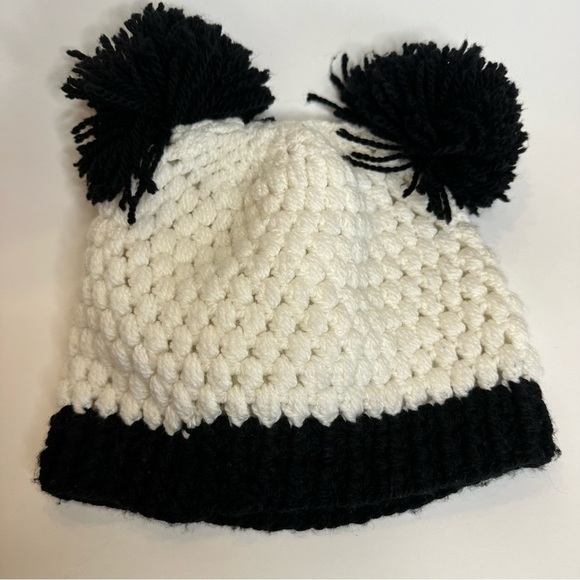 New Hand Crocheted Knit Panda Beanie Hat Black White Funky Unique Pom Pom Ears - Picture 3 of 5